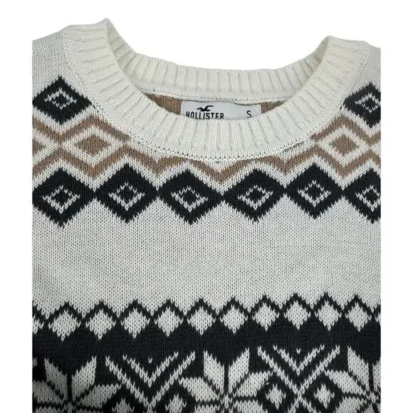 Hollister Women’s S Small Oversized Crewneck Sweater Fair Isle Cream Black Tan - Picture 11 of 14